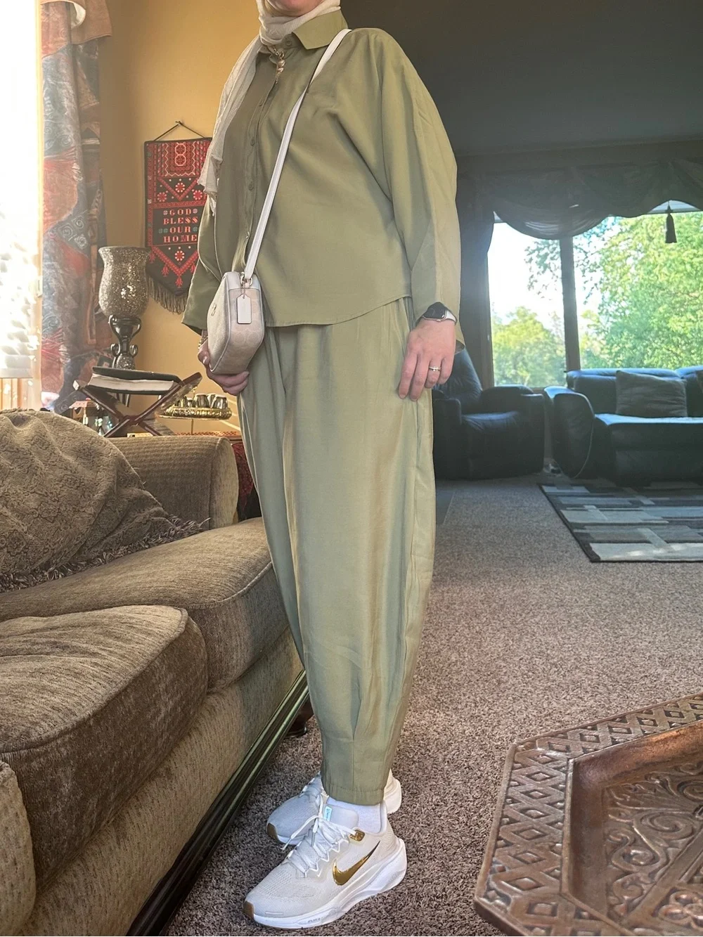 Relaxed Olive Green Matching Set with Light Beige Crossbody